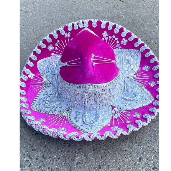Vintage Pigalle Mexican Sombrero Pink Velvet Silver Embroidered Mariachi Charro